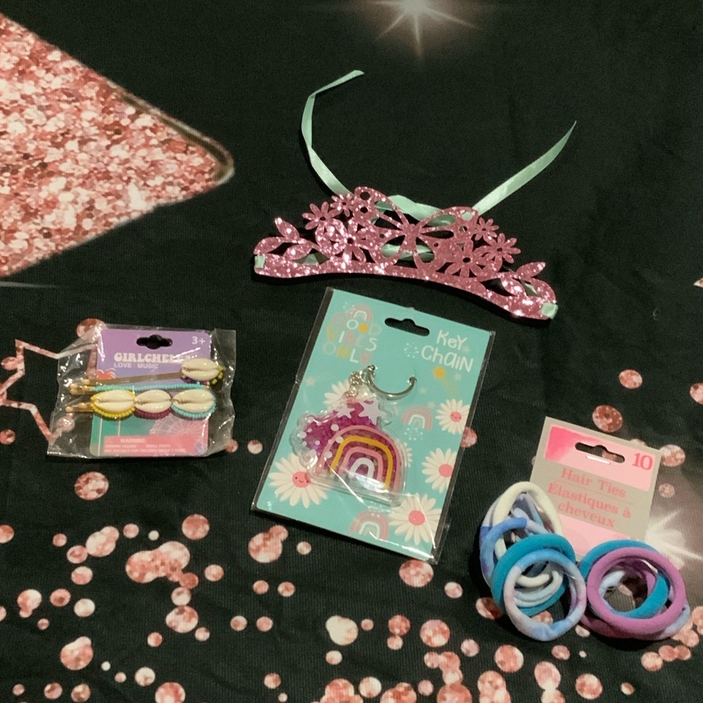Sparkling Pink Tiara key chain hair ties and hair pins Set